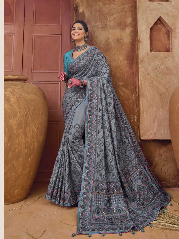 Pure  Silk Saree In Grey  Color With Embroidery Work