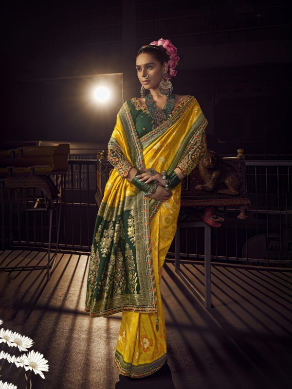 Pure Dola Silk Party wear Saree In Yellow Color with Hand Work 