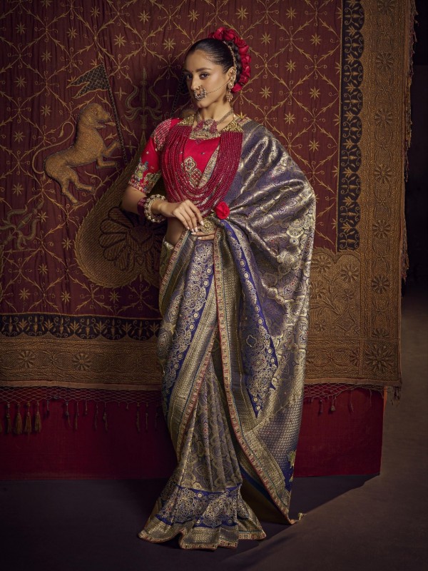 Pure Dola Silk Party wear Saree In Blue Color with Hand Work 