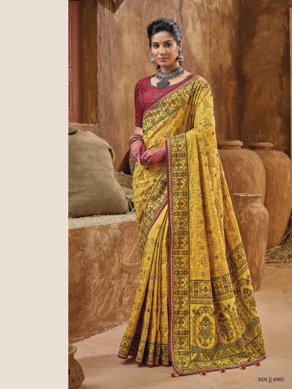 Pure  Silk Saree In Yellow Color With Embroidery Work