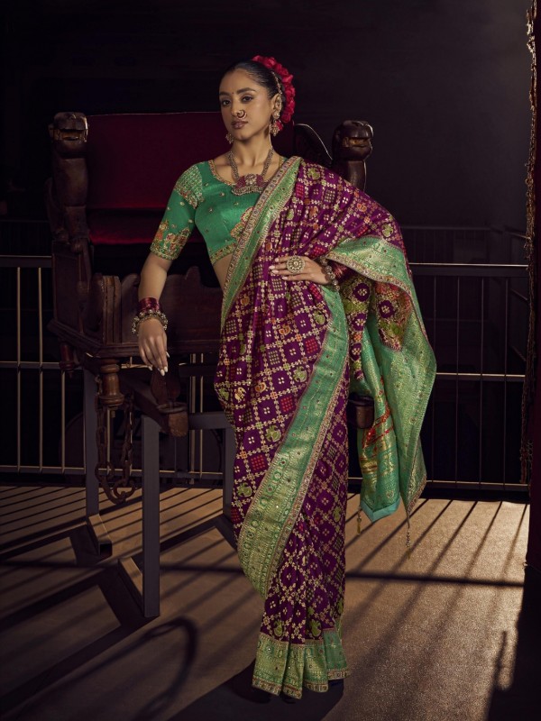 Pure Dola Silk Party wear Saree In Purple Color with Hand Work 