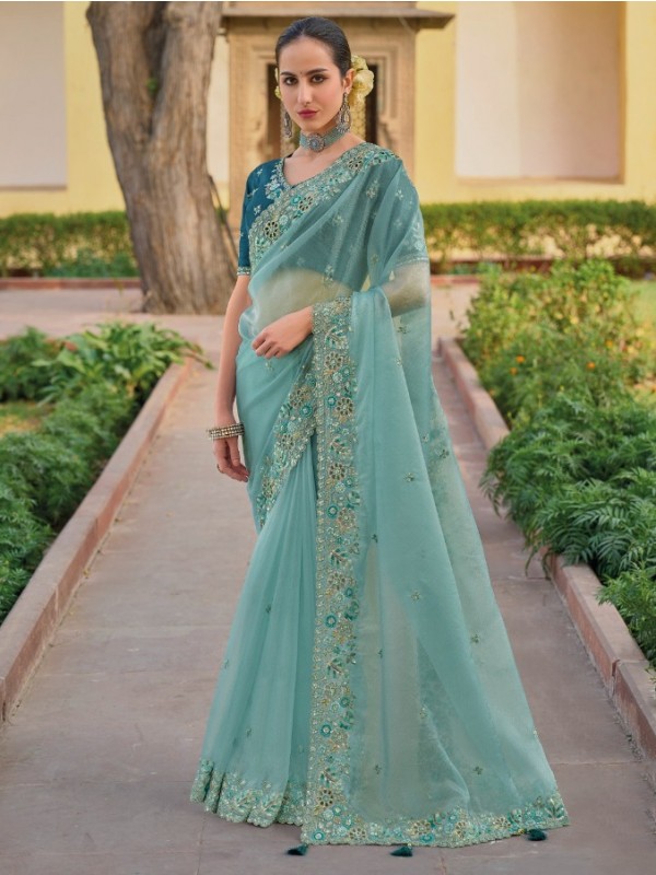 Pure  Silk Saree In Sea Blue Color With Embroidery Work
