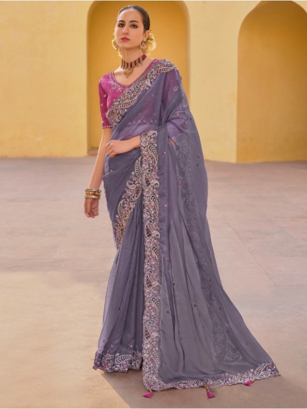 Pure  Silk Saree In Mauve Color With Embroidery Work