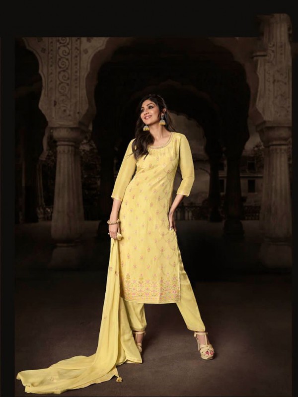 Pure Viscose Dola  Jacquard Silk Party Wear Suit in Yellow Color 