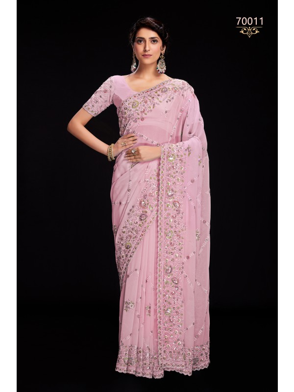 Soft Georgette  Saree In Pink Color With Embroidery Work