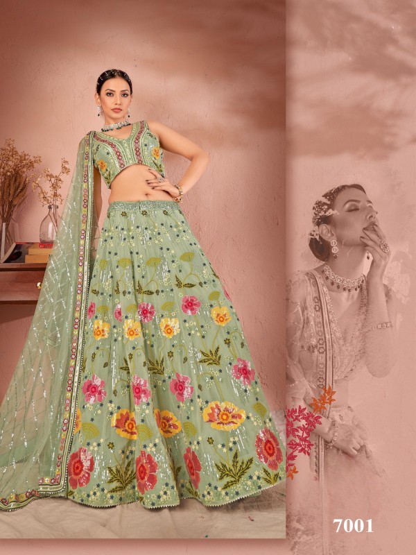 Pure Georgette Party Wear Wear Lehenga In Green With Embroidery Work 