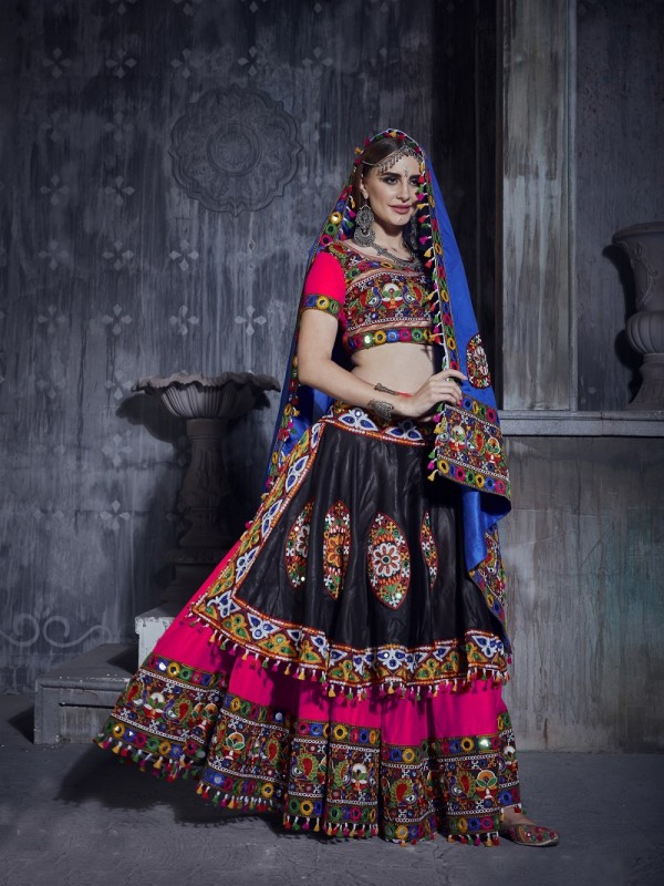 Art Silk fabric Lehenga In Red & Black Color With Mirror Work 