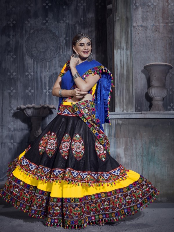 Art Silk fabric Lehenga In Yellow & Black Color With Mirror Work 