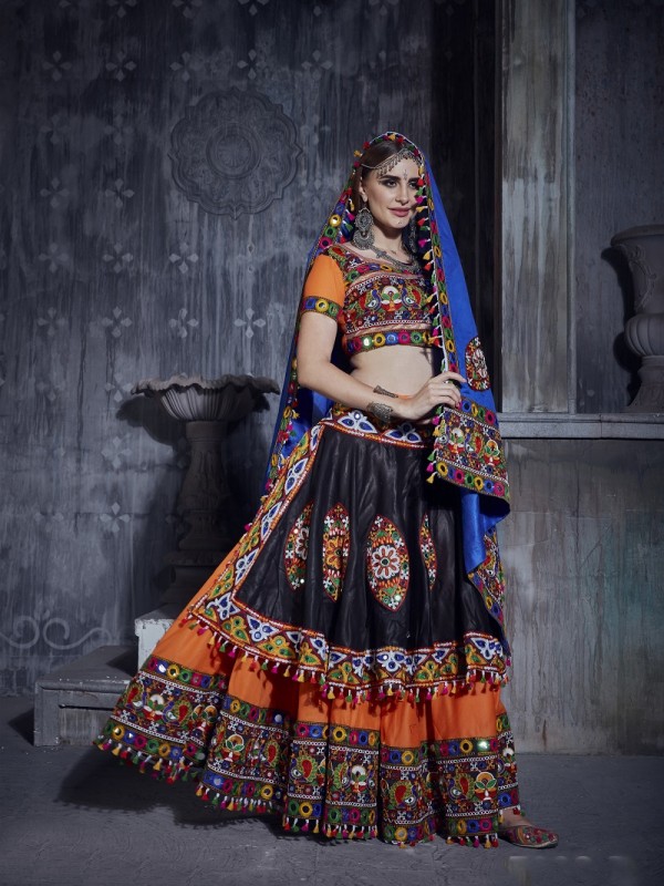 Art Silk fabric Lehenga In Orange & Black Color With Mirror Work 