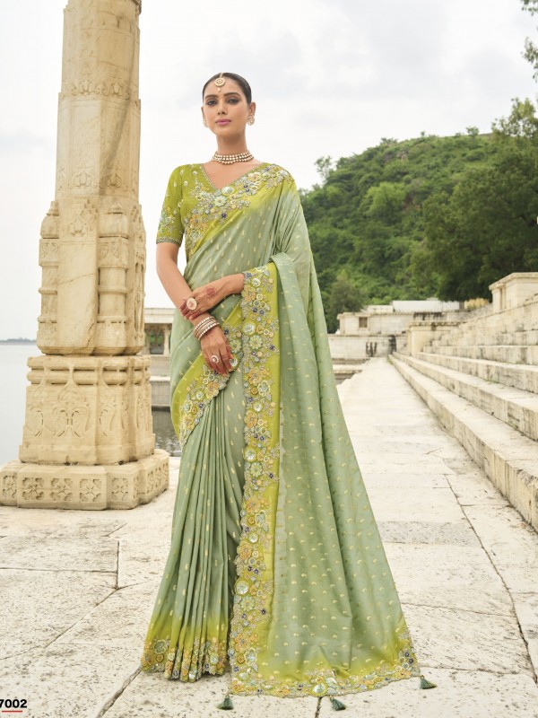 Viscose Tissue Silk Saree In Sea Green Color With Embroidery Work