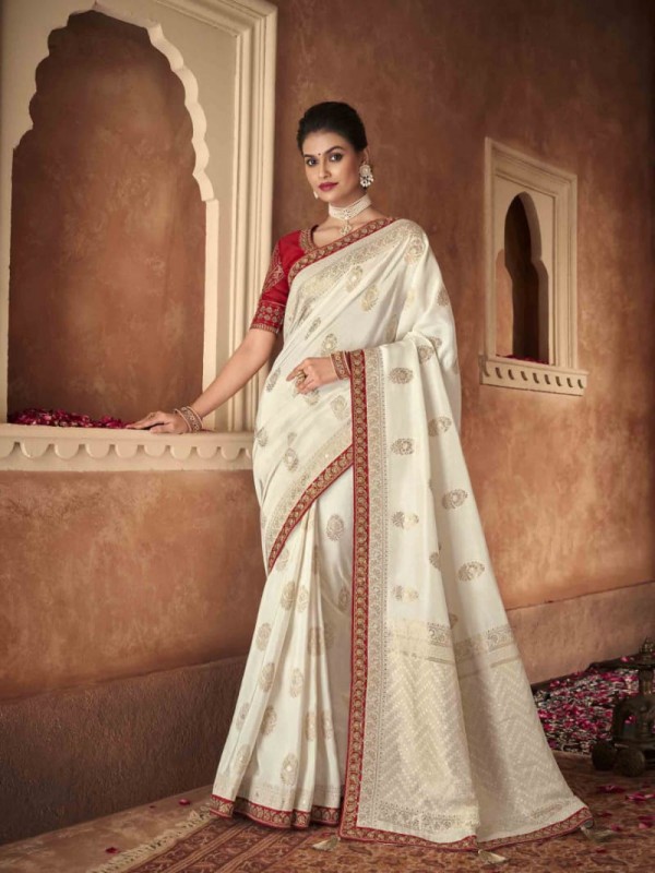 Dola Silk  Saree White Color With Embroidery Work