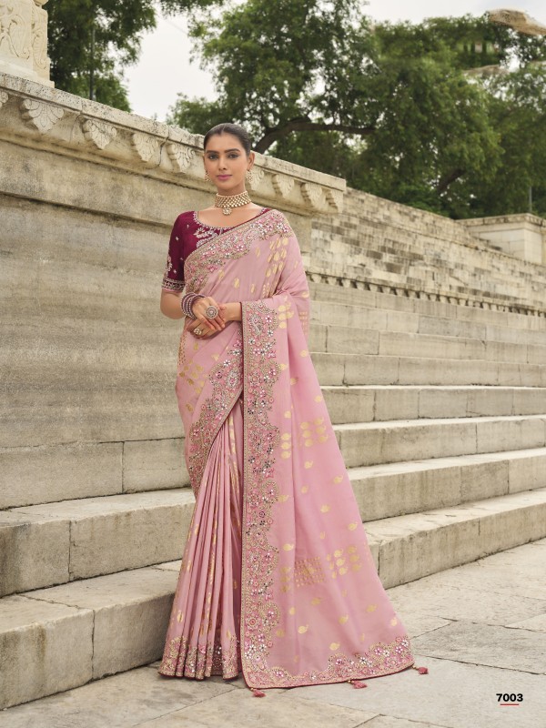 Viscose Tissue Silk Saree In Light Pink Color With Embroidery Work