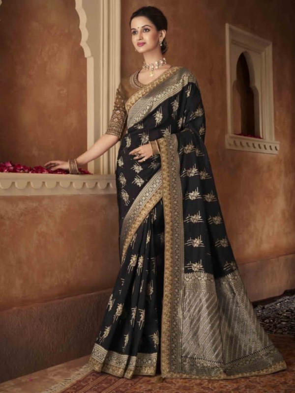 Dola Silk  Saree Black Color With Embroidery Work