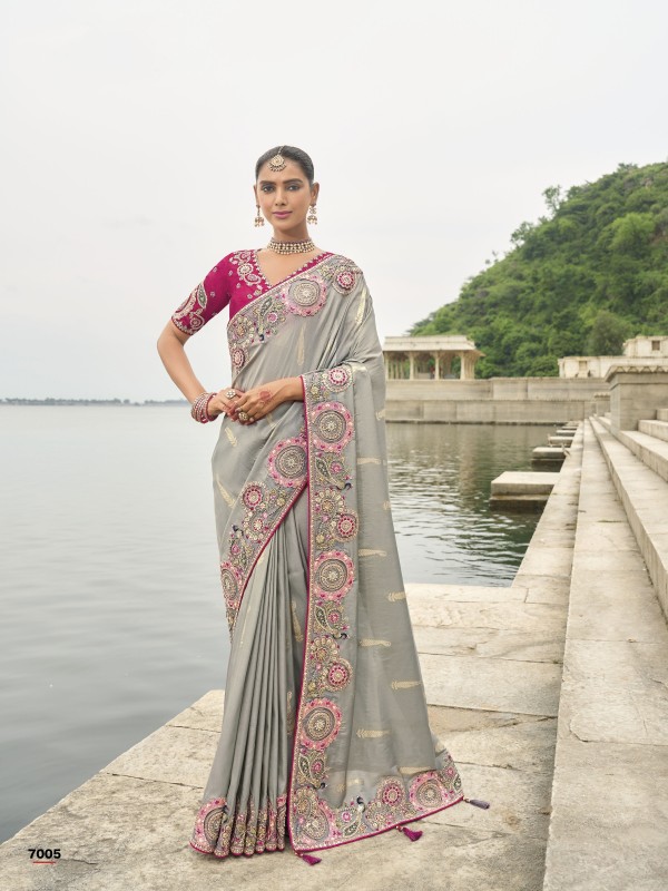 Viscose Tissue Silk Saree In Grey Color With Embroidery Work