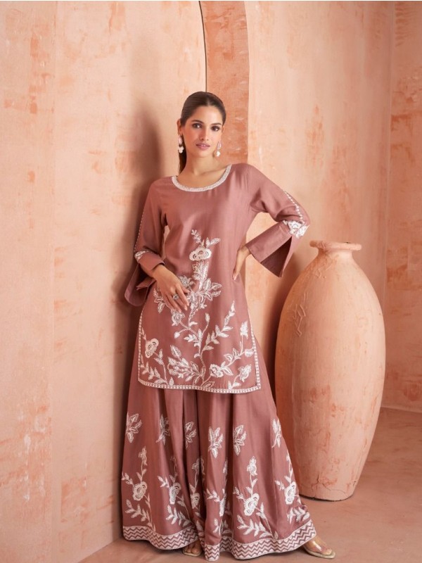 Reyon  Party Wear Plazo in Brown Color with  Embroidery Work