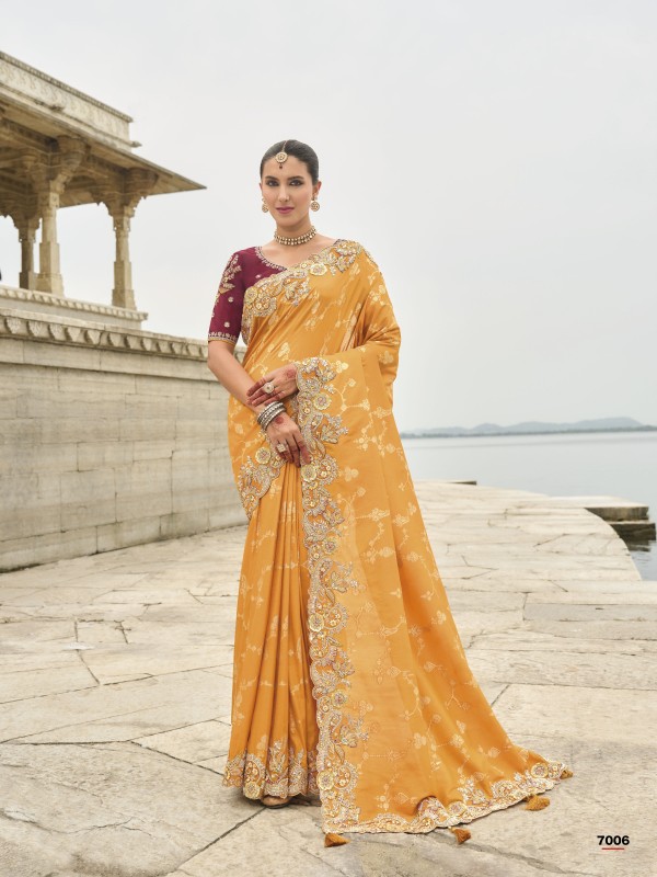 Viscose Tissue Silk Saree In Mustard Color With Embroidery Work