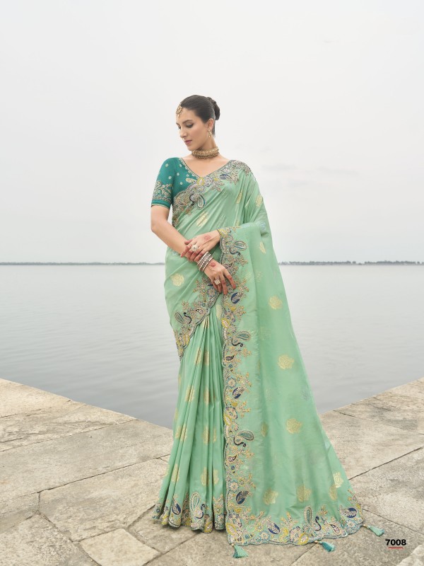 Viscose Tissue Silk Saree In Sea Green Color With Embroidery Work