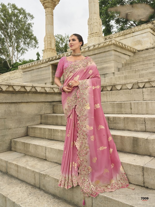 Viscose Tissue Silk Saree In Pink Color With Embroidery Work