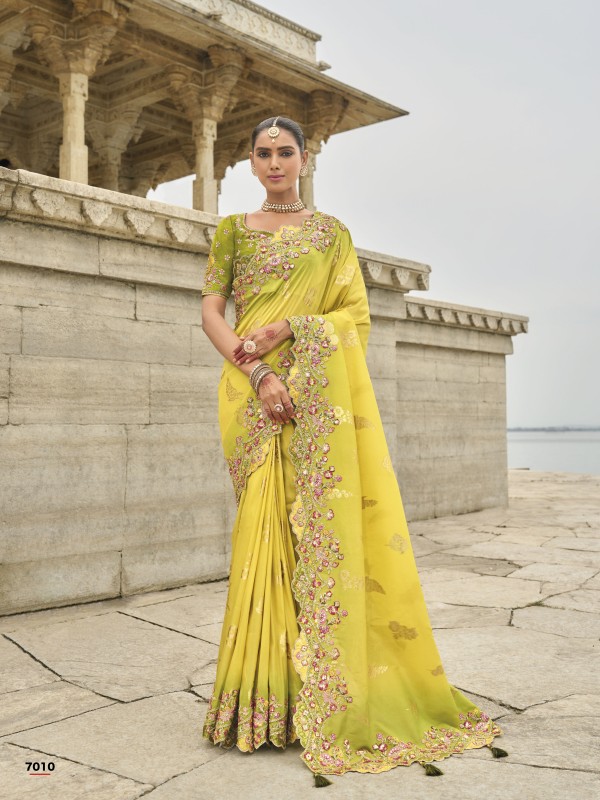 Viscose Tissue Silk Saree In Yellow Color With Embroidery Work