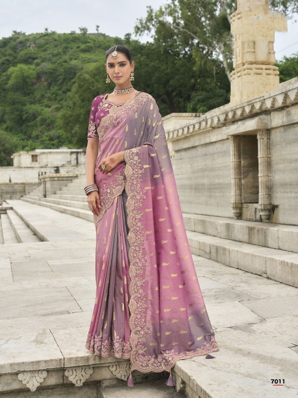 Viscose Tissue Silk Saree In Pink Color With Embroidery Work