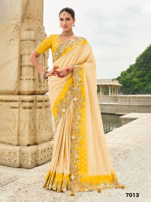 Pure Dola Silk Wedding wear Saree In Mustard Color With Embroidery Work