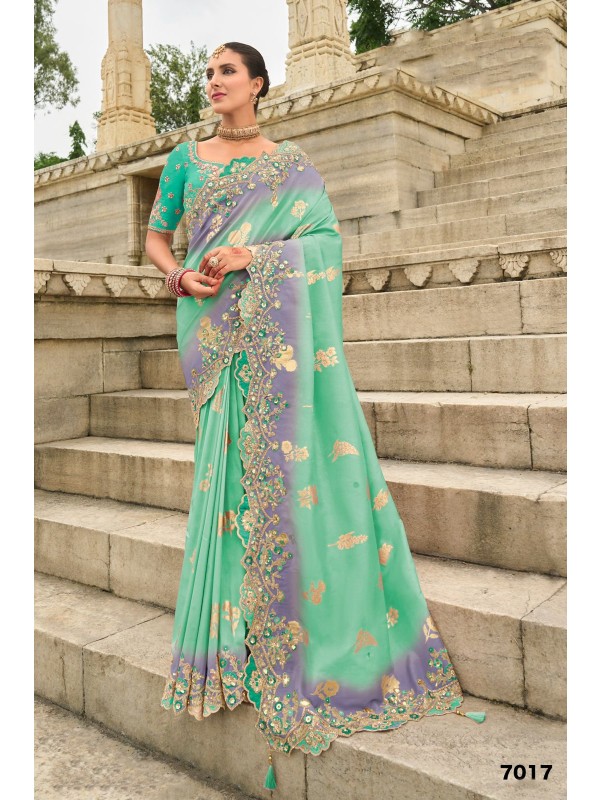 Pure Dola Silk Wedding wear Saree In Turquoise Color With Embroidery Work