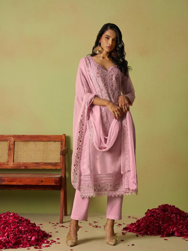 Pure Organza Silk Party Wear Suit Pink Color with Embroidery work