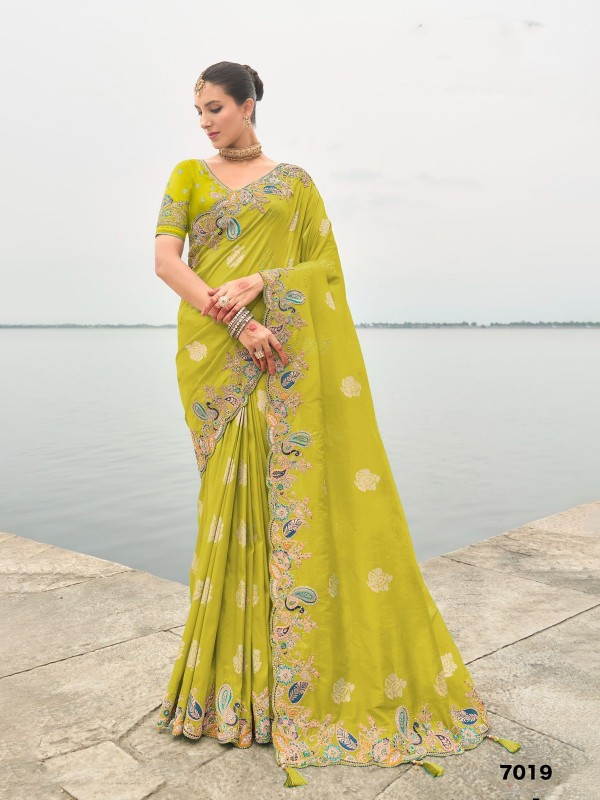 Pure Dola Silk Wedding wear Saree In Lemon Green Color With Embroidery Work
