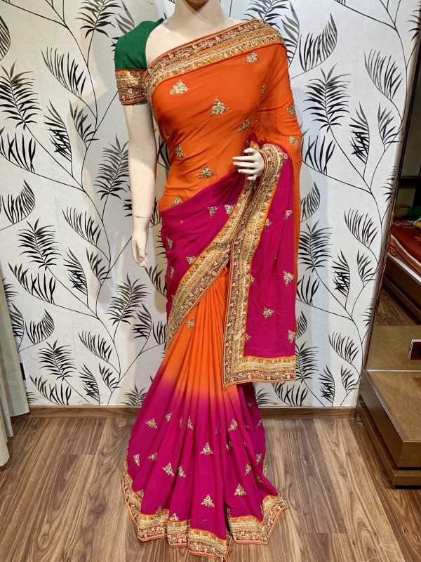 Pure Georgette Party Wear Saree In Orange WIth Embroidery Work & Crystal Stone work   