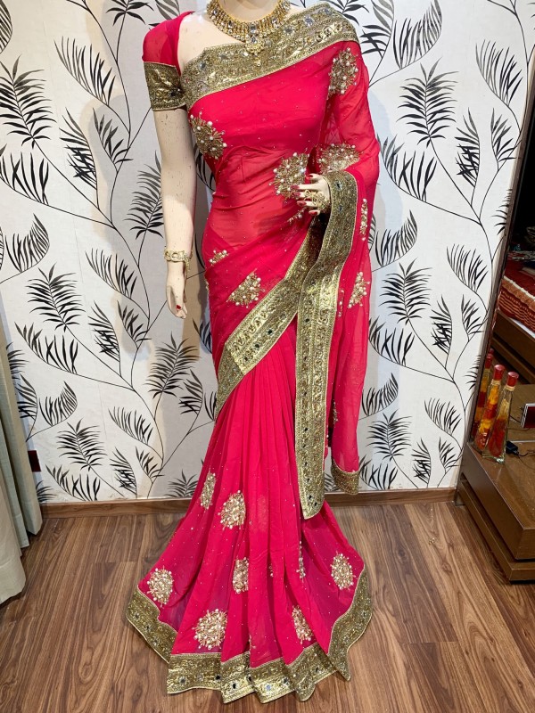 Bemberg Party Wear Saree In Pink WIth Embroidery Work & Crystal Stone work   