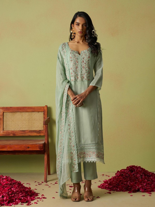 Pure Organza Silk Party Wear Suit Lime Green Color with Embroidery work