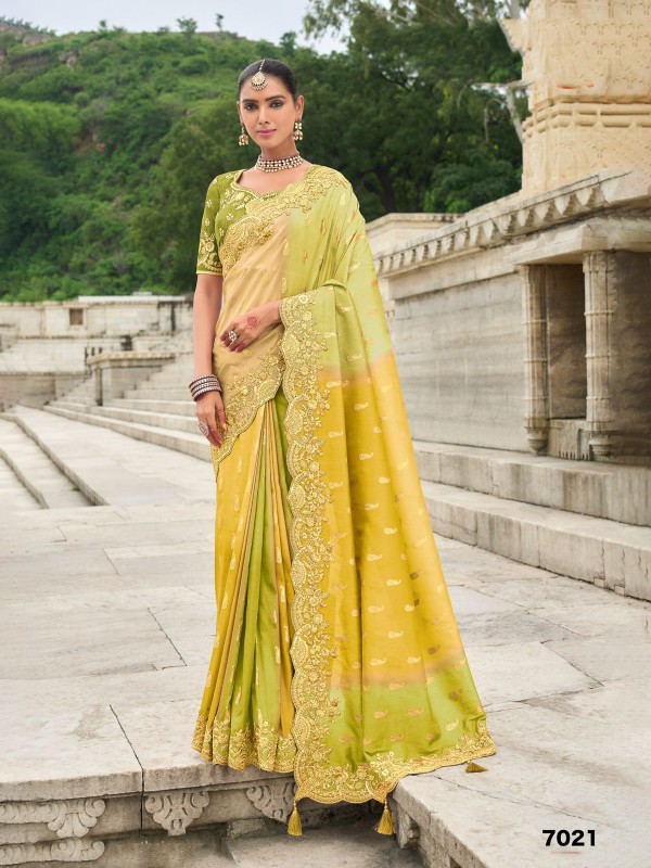 Pure Dola Silk Wedding wear Saree In Lemon Color With Embroidery Work