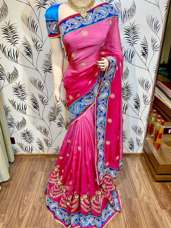 Pure Sateen Silk Party Wear Saree In Pink WIth Embroidery & Crystal Stone Work  