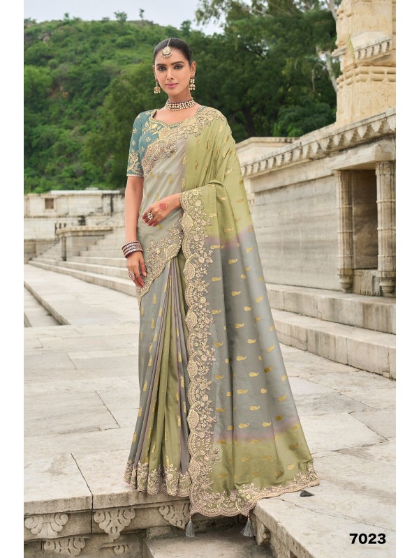 Pure Dola Silk Wedding wear Saree In Grey Color With Embroidery Work