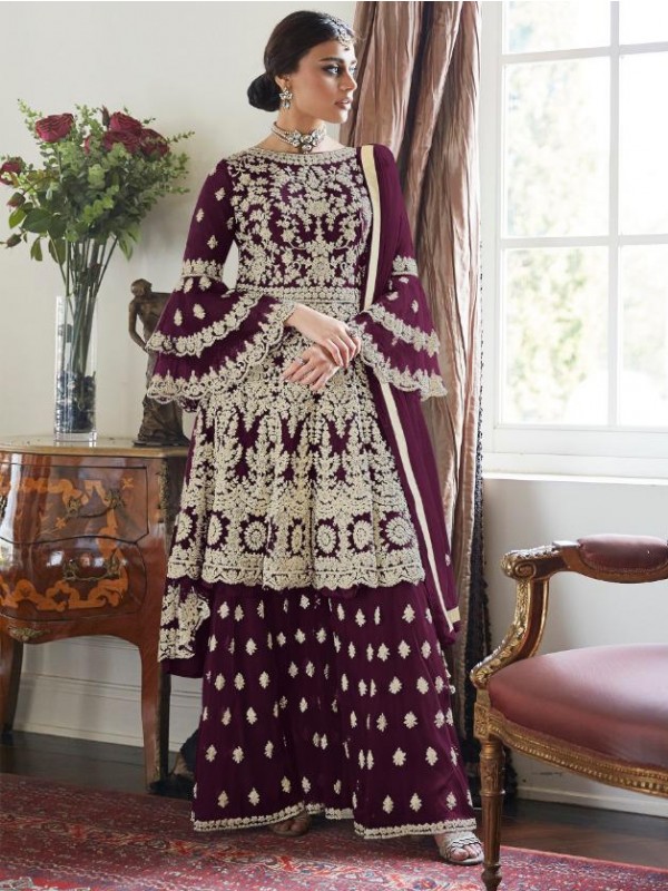Soft Premium Net  Readymade Sharara in Violet  with Embeodiery   work
