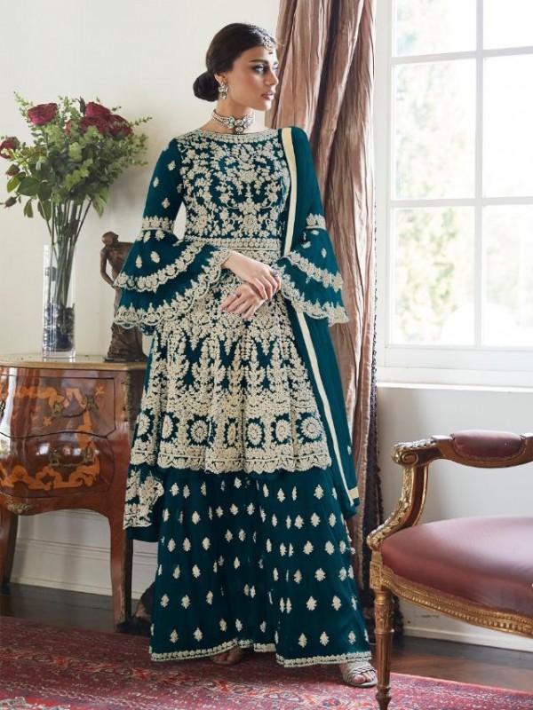 Soft Premium Net  Readymade Sharara in Teal Blue  with Embeodiery   work