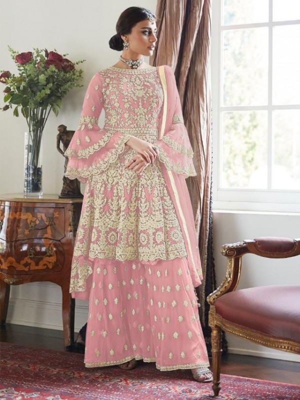 Soft Premium Net Readymade Sharara in Light Pink  with Embeodiery  work