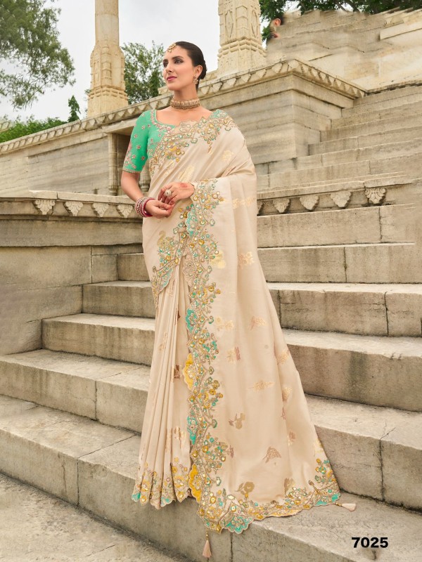 Pure Dola Silk Wedding wear Saree In Cream Color With Embroidery Work
