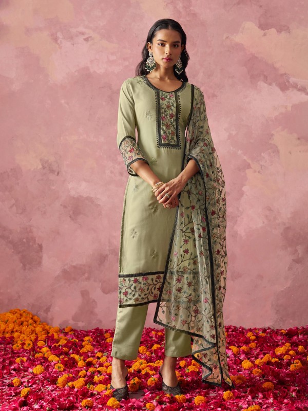Georgette Party Wear Suit In Green Color with Embroidery work