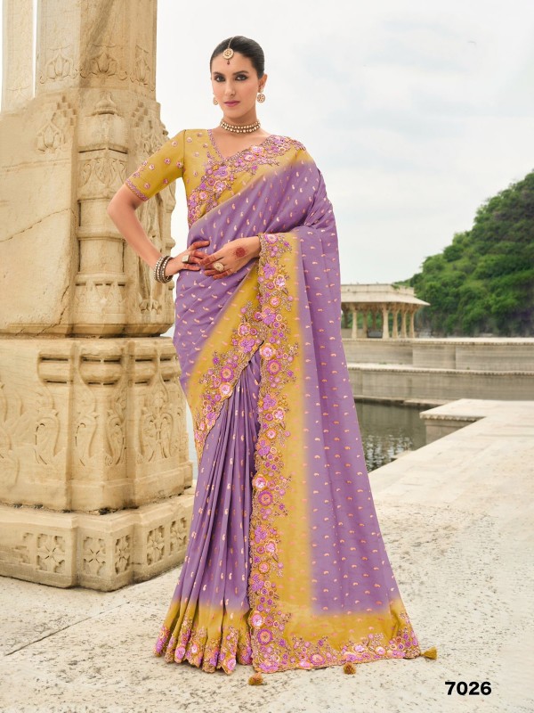 Pure Dola Silk Wedding wear Saree In Lavender Color With Embroidery Work