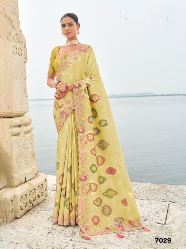 Pure Dola Silk Wedding wear Saree In Lemon Green Color With Embroidery Work