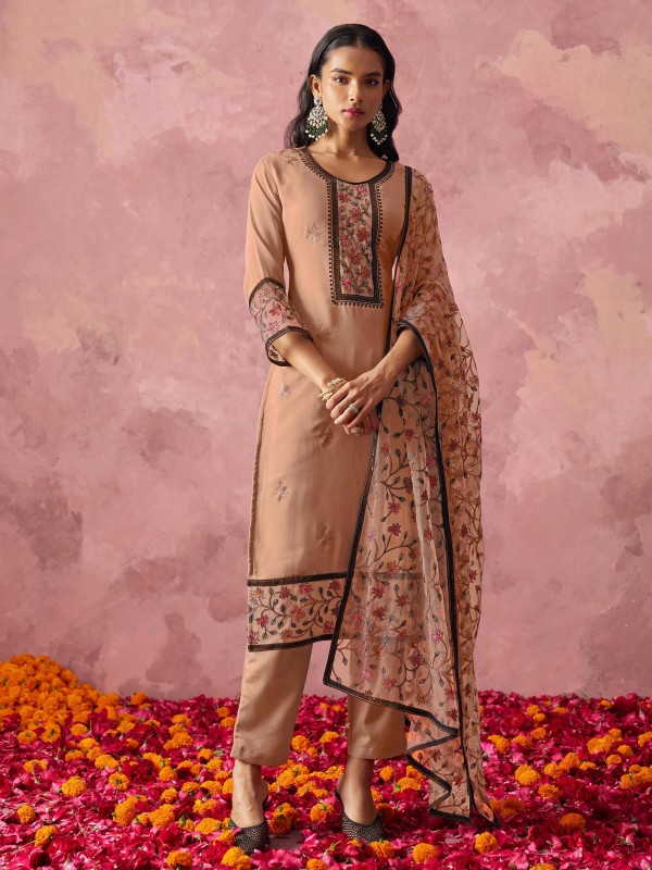 Georgette Party Wear Suit In Browm Color with Embroidery work