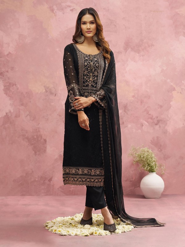 Pure Georgette Silk Party Wear Suit Black Color with Embroidery work