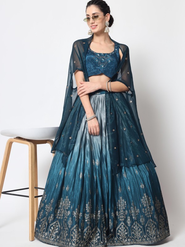 Chinon Silk Fabrics Party Wear Lehenga in Teal Blue Color With Embroidery  