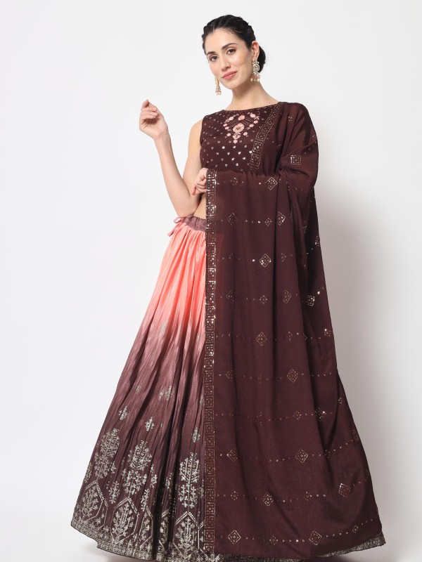 Chinon Silk Fabrics Party Wear Lehenga in Brown  Color With Embroidery  