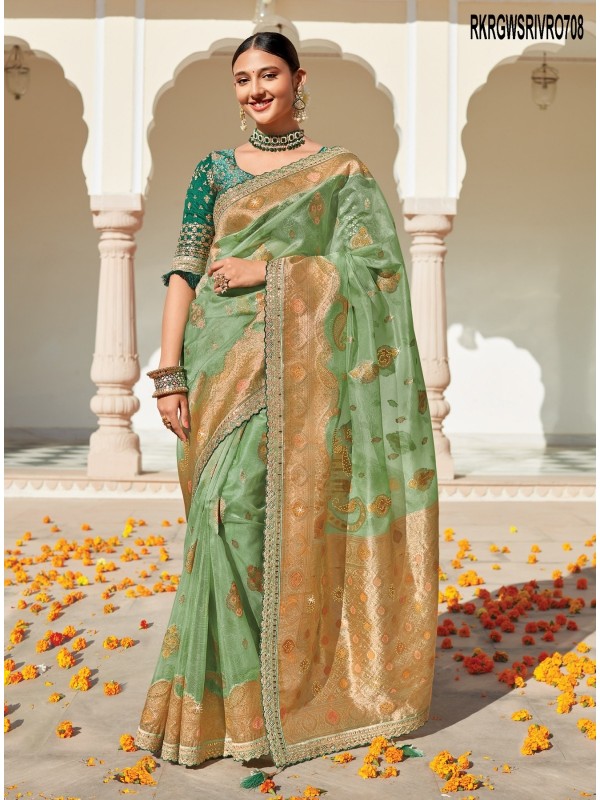 Organza Saree In Green Color With Embroidery Work