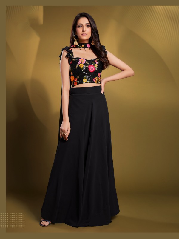 Georgette Party Wear Lehenga In Black Color  With Embroidery Work