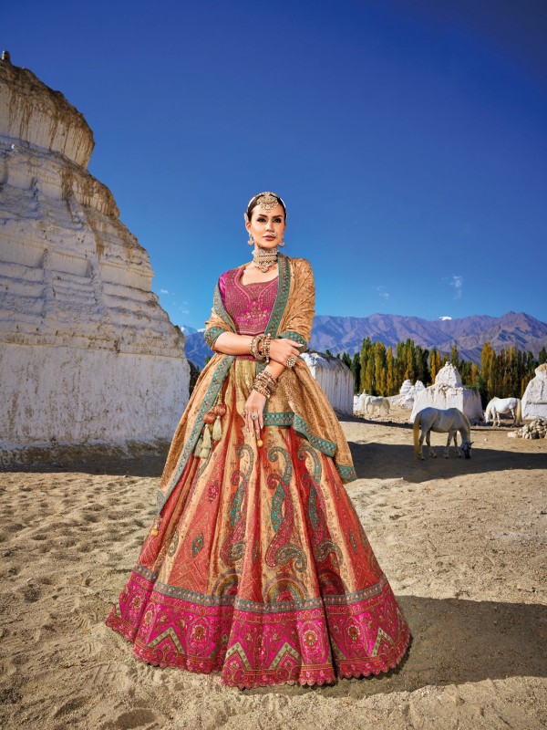 Pure Banarsi Jacquard  Silk Wedding Lehenga in Multi Color With Embroidery work
