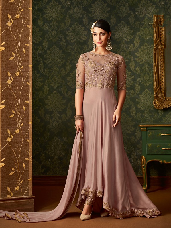 Pure Chiffon Silk Party Wear Readymade Gown In Pink With Thread work