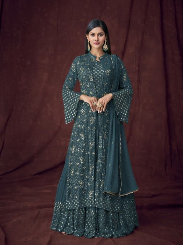 Pure Geogratte  Party Wear Readymade Sharara in Teal Blue Color with  Embroidery Work
